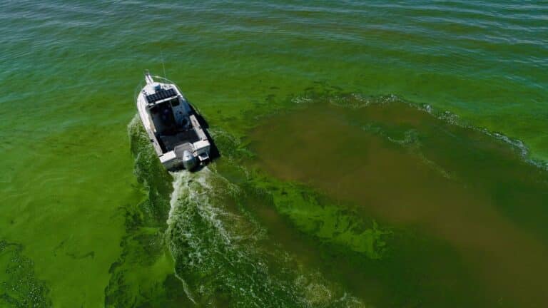 LimnoTech boat pilots through an algae bloom in Lake Erie.